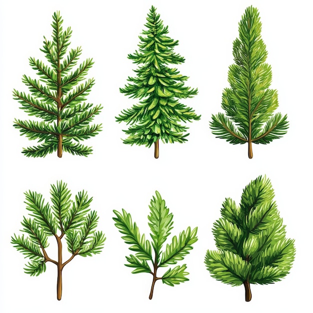 Photo set of six green pine tree clipart illustrations on white background