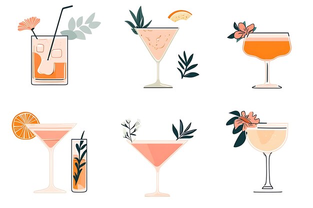 Photo set of six illustrated cocktails with floral and fruit decorations