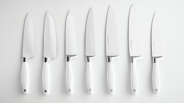 Photo a set of six kitchen knives all with white handles