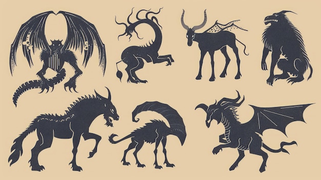 Photo set of six mythical creature silhouettes in a vintage style