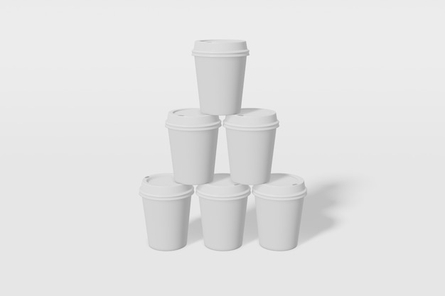 Set of six paper cup with a lid stand in the shape pyramid on white background