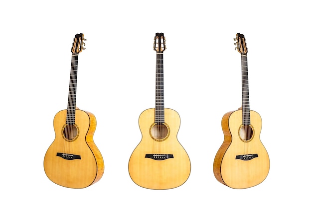 Set of six strings acoustic wooden guitars isolated on white background guitar shape