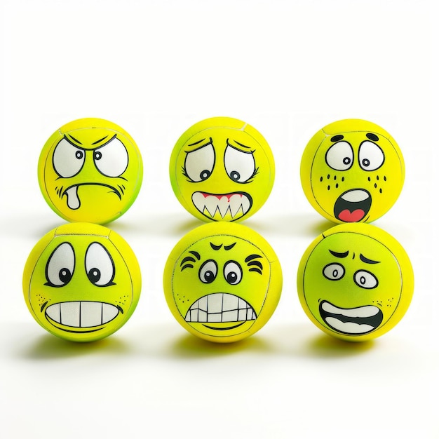 A set of six tennis balls with different expressions