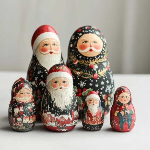 A set of six traditional Russian nesting dolls or matryoshka dolls decorated with Christmas motifs