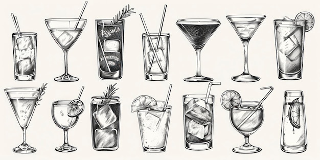 Photo set of sketch cocktails and alcohol drinks hand drawn illustration