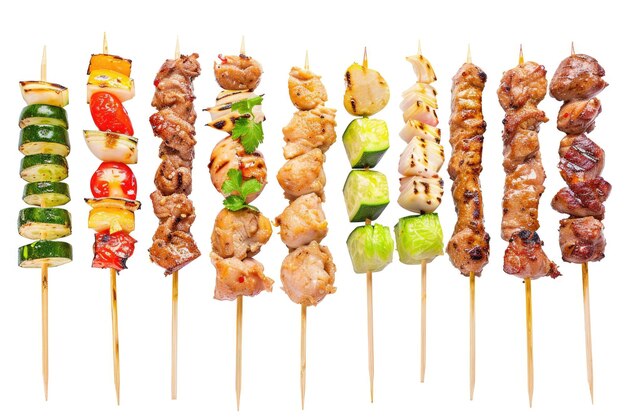 Photo set of skewers including chicken and vegetable