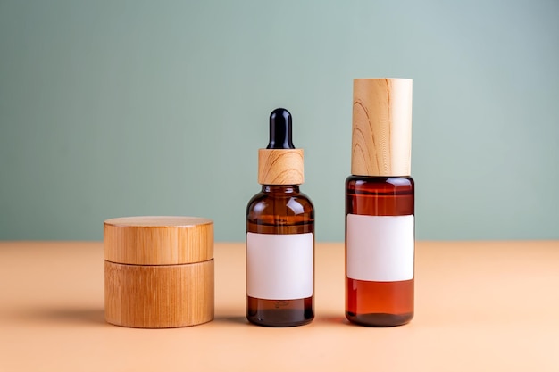 Set of skin care cosmetic products in amber glass bottles with blank labels and bamboo lids Eco branding SPA procedures for the face Mockup