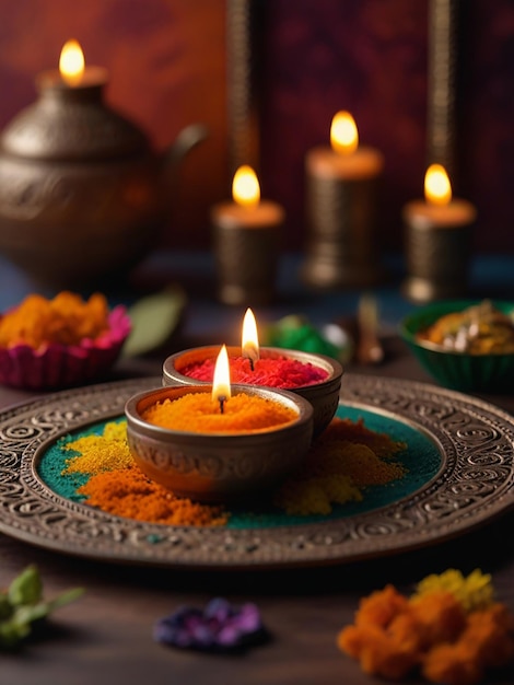 a set of small bowls with a lit candle on it