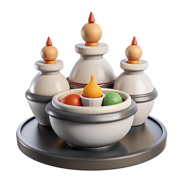 a set of small statues with a small bowl of fruit in the middle