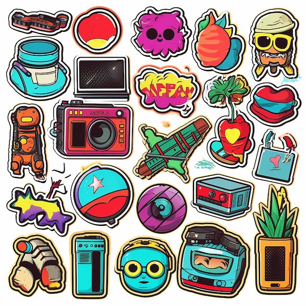 Photo a set of small vinyl stickers pop art style popular objects