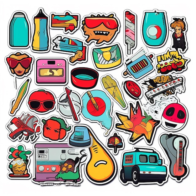 Photo a set of small vinyl stickers pop art style popular objects