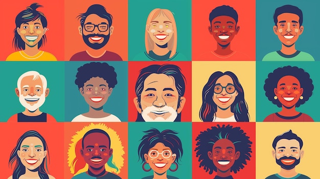 A set of smiling faces of people of different races and nations