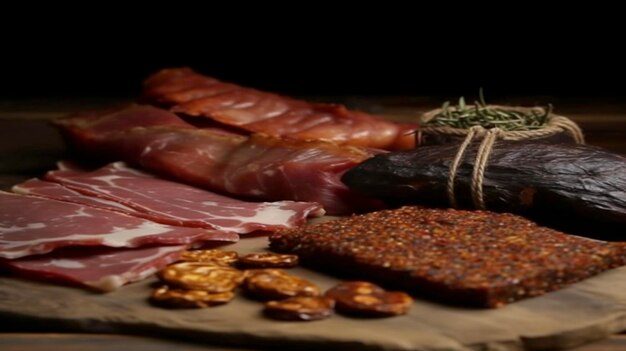 Set of Smoked and Dried Meats_ Ham Jerky Salted Biltong accompanied by Spices and Herbs