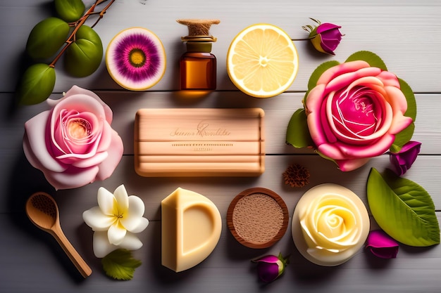 Set of soaps and rose on wooden background Concept of natural spa cosmetics