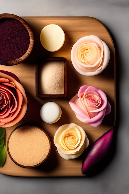 Set of soaps and rose on wooden background Concept of natural spa cosmetics