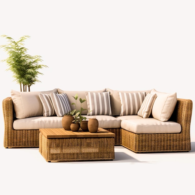 a set of sofas with a brown table and small plant on white background