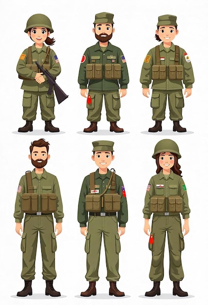 Photo set of soldiers men and women flat cartoon character isolated on white us army soldiers isolated illustration