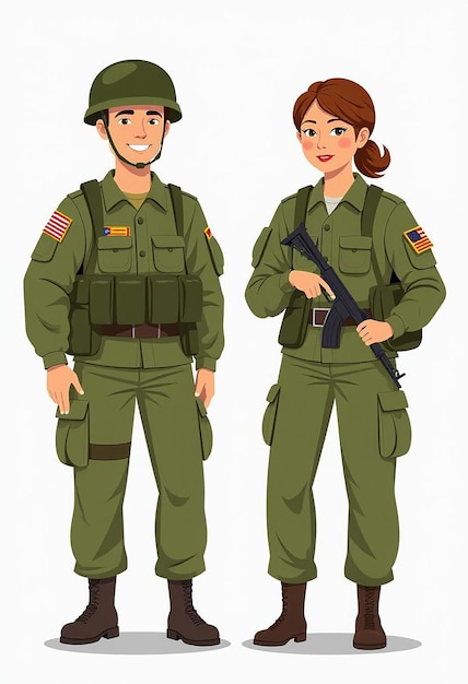 Photo set of soldiers men and women flat cartoon character isolated on white us army soldiers isolated illustration