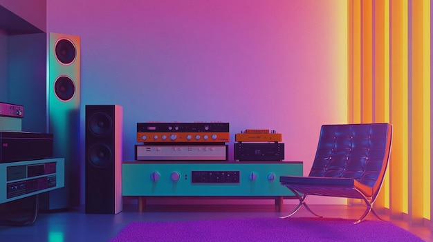 Photo a set of speakers with a purple background and a chair in front of it