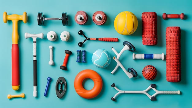 Photo set of sports equipment on a colorful background