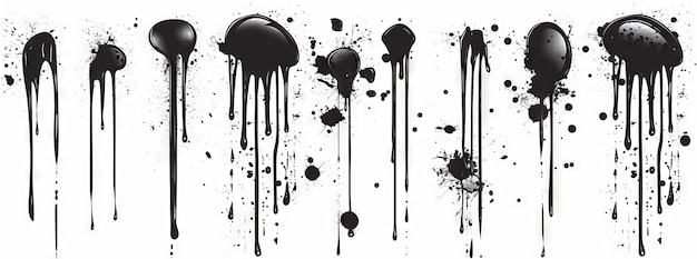 Photo set of spray graffiti elements modern brush drip freehand kit urban street black grunge stain splash messy mess ink stroke and circles spray graffiti dark splash color