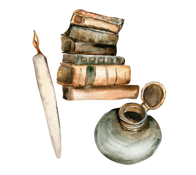 Set of a stack of old books a quill a green jar of ink Perfect for wedding invitations