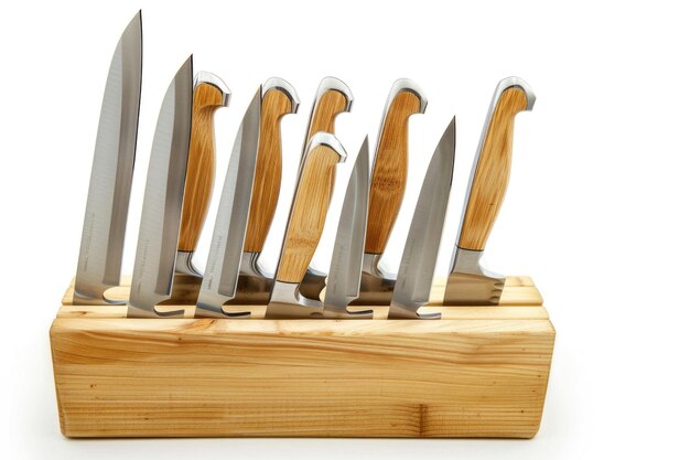 A set of stainless steel kitchen knives in a wooden block sleek and professional