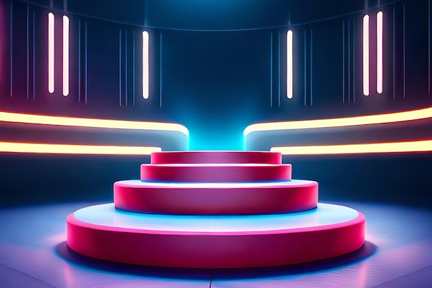 A set of stairs in a dark room with neon lights.