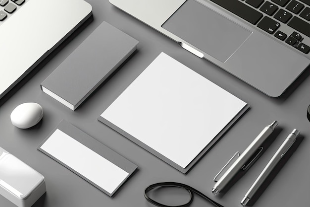 Photo set of stationery with empty blank grey notepad and business card for your contact