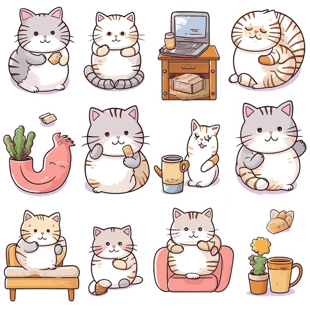 Set of sticker cute cartoon cats doing various Activities isolated on white background