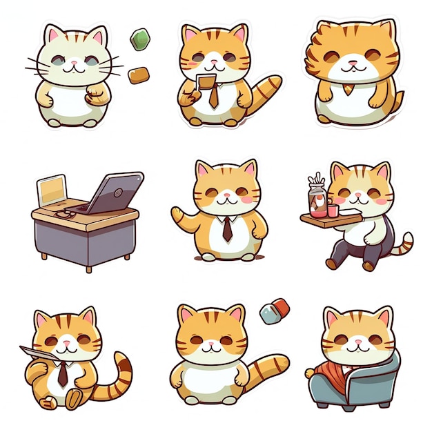 Set of sticker cute cartoon cats doing various Activities isolated on white background