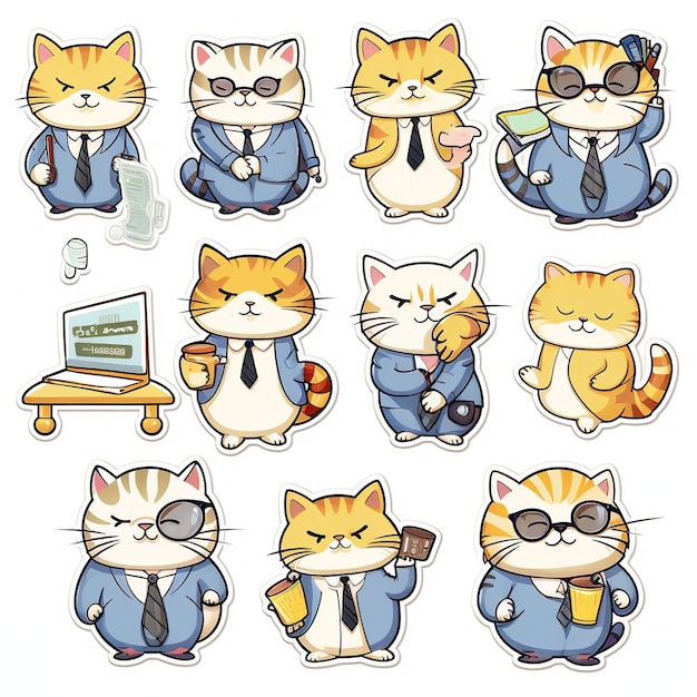 Set of sticker cute cartoon cats doing various Activities isolated on white background