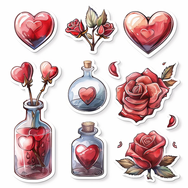 Set of stickers featuring hearts roses and petals on a white background