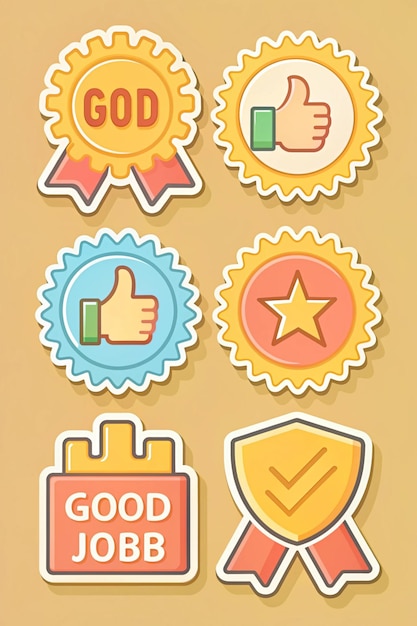 Photo set of stickers good job stickers in flat cartoon design stickers depicting support and motivation are featured in this illustration and designed in a warm color palette vector illustration