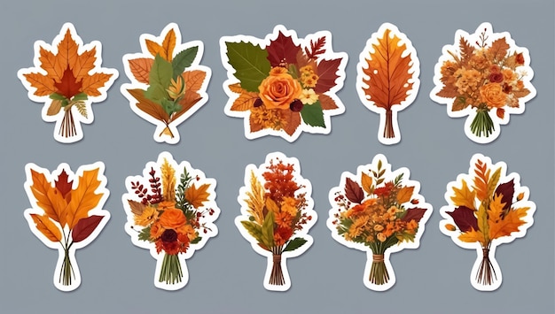 Photo set of stickers with a bouquet of autumn flowers autumn leaves