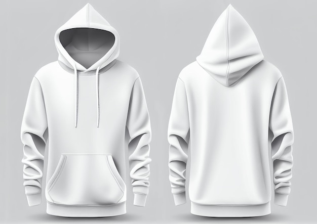 Set of stylish oversize hoodie sweater on white background front and back view Space for design Muff or kangaroo pocket Generative Ai Template mockup for your design