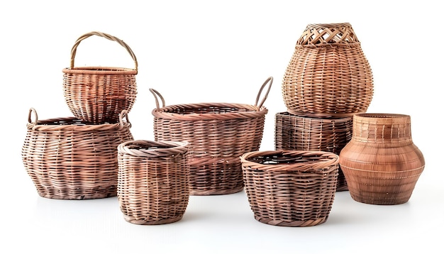 Set of stylish rattan baskets on white background