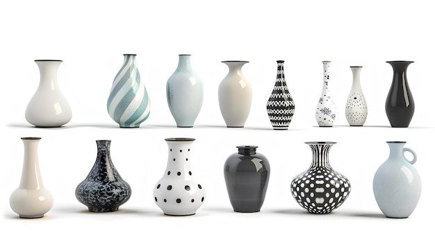 Set of stylish vases on white background