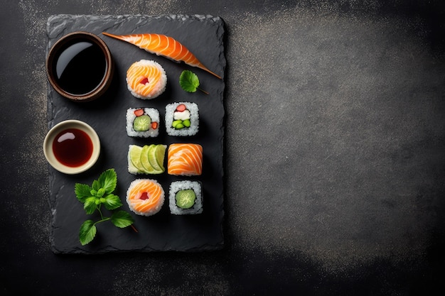 Set of sushi and maki roll on stone table Top view with copy space