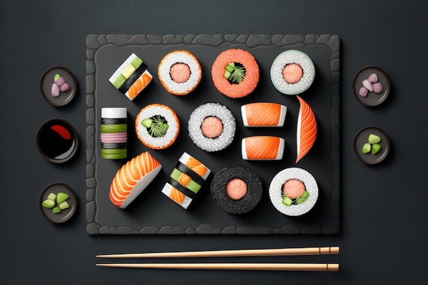 Set of sushi and maki on stone table Top view with copy space