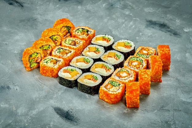 Set of sushi rolls with different fillings on a gray background Selective Focus Noise graine add on post