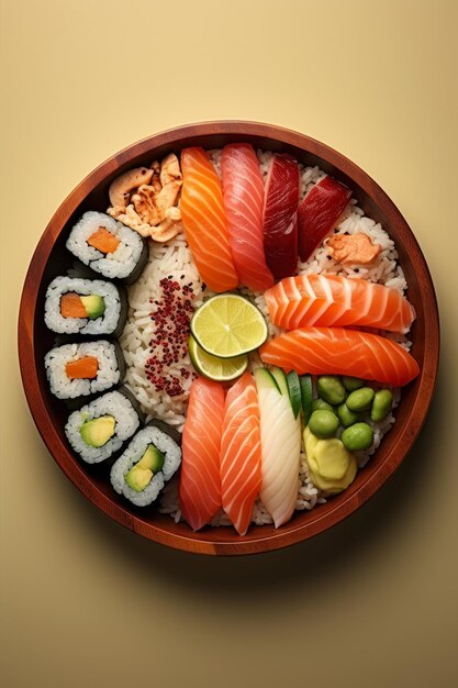 Set sushi with fresh salmon rice lime on plate olive background vertical top view