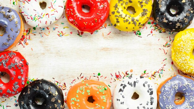 Set of sweet colored donuts on a white wooden background Top view Flat Lay