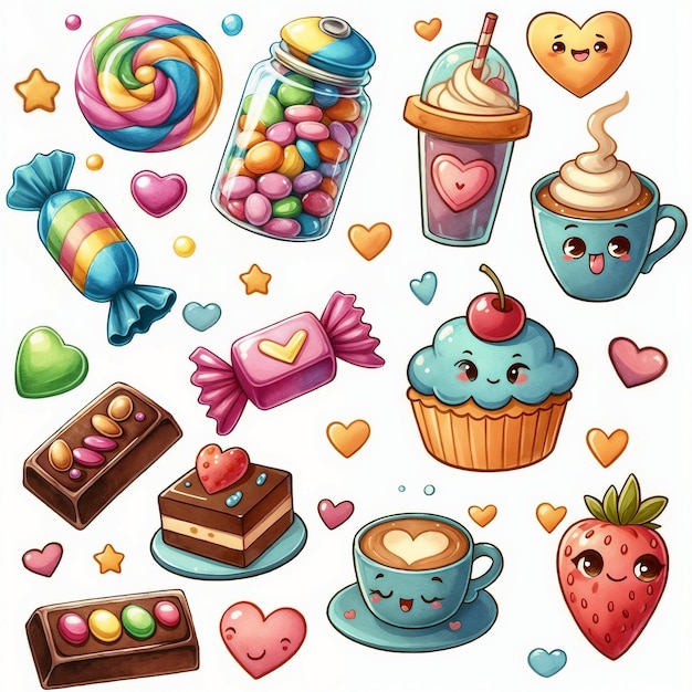 Photo set of sweets and candies on white background ai