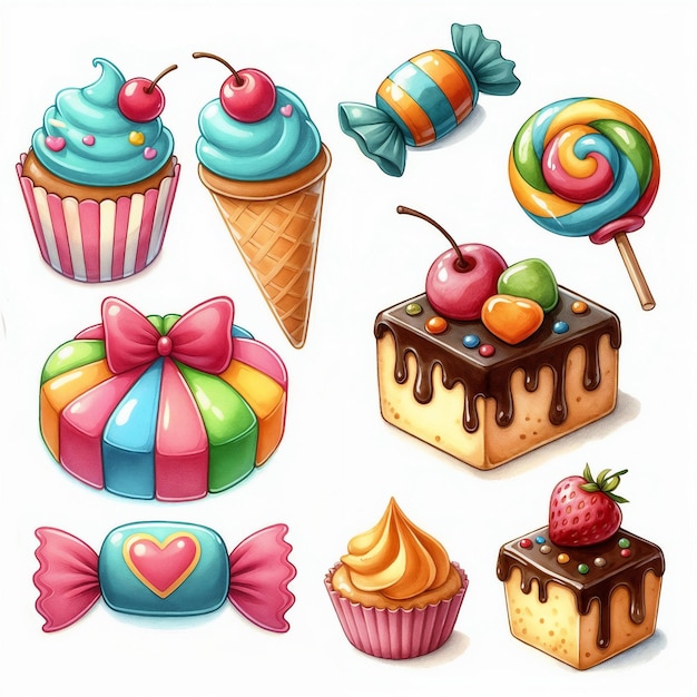 Photo set of sweets and candies on white background ai