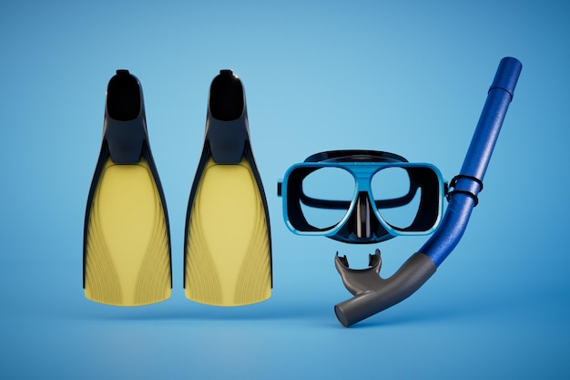 Set of swim fins mask and snorkel for diving isolated on blue background 3d render