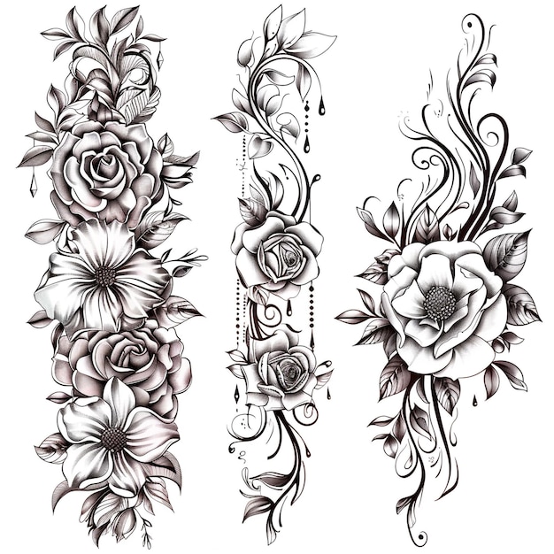 Photo a set of tattoo designs of leaves and a series of images of flowers on a white background