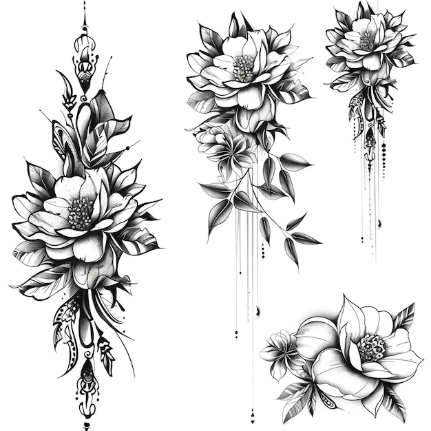 Photo a set of tattoo designs of leaves and a series of images of flowers on a white background