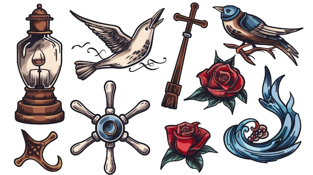 Photo set of tattoo style elements including a lamp a songbird a cross two rose flowers