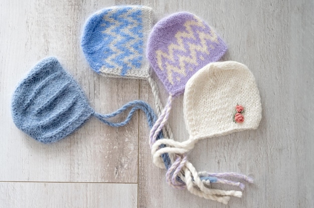 Set of tender knitted hats for newborn